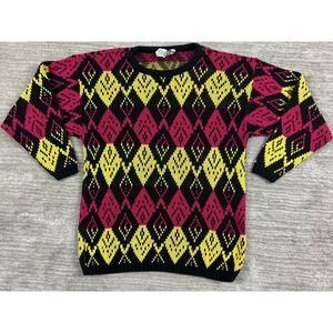 Croquet Club Sweater Unisex XL Black Yellow Magenta Argyle Diamond Knit Vintage